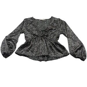 Abercrombie & Fitch Crop Satin Blouse V Neck Black Polka Dot Top Long Sleeve M